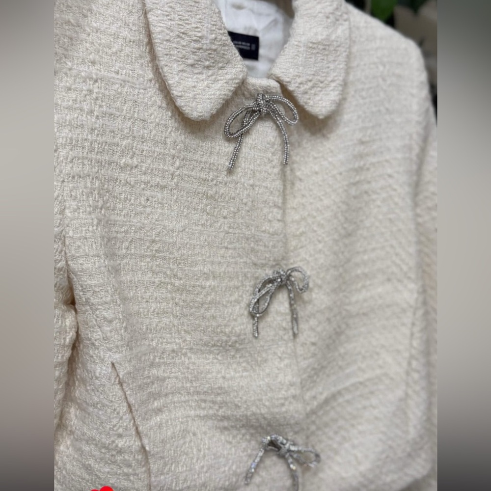 Zara Cream Teddy Jacket with Textured Bow Accents
